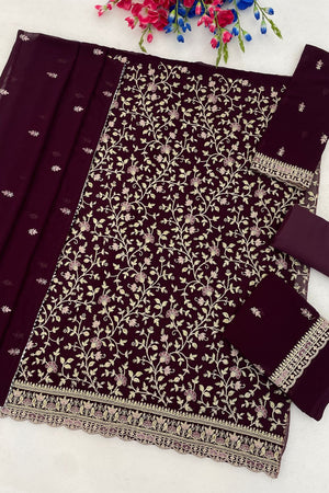 Purple Floral Embroidered Georgette Straight Cut Suit (ACA9993)