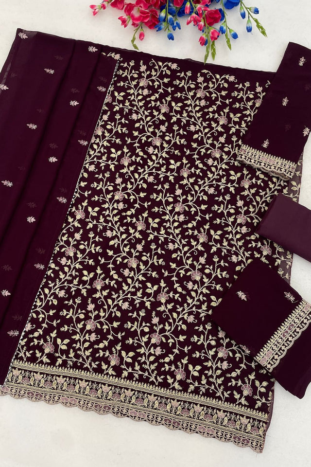 Purple Floral Embroidered Georgette Straight Cut Suit (ACA9993)