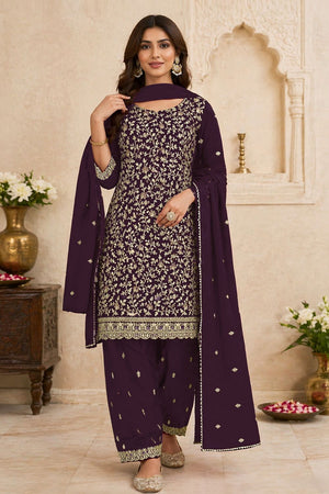 Purple Floral Embroidered Georgette Straight Cut Suit (ACA9993)