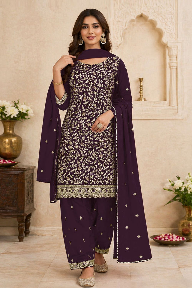 Purple Floral Embroidered Georgette Straight Cut Suit (ACA9993)