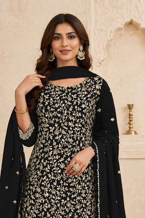 Black Floral Embroidered Georgette Straight Cut Suit (ACA9994)