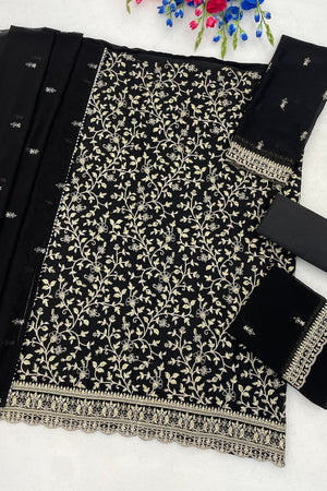 Black Floral Embroidered Georgette Straight Cut Suit (ACA9994)