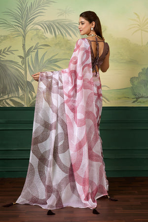 White Printed Satin Silk Saree (ACA9995)