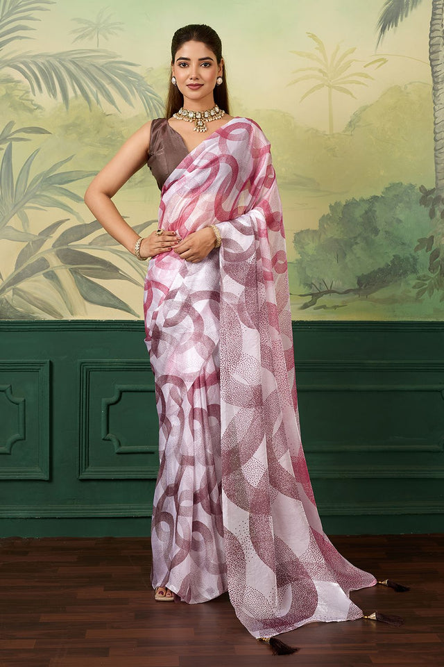 White Printed Satin Silk Saree (ACA9995)