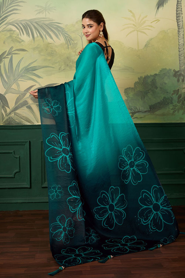 Turquoise Printed Satin Silk Saree (ACA9996)