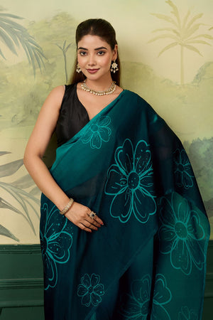 Turquoise Printed Satin Silk Saree (ACA9996)