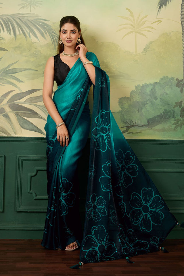 Turquoise Printed Satin Silk Saree (ACA9996)