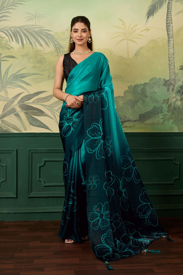 Turquoise Printed Satin Silk Saree (ACA9996)
