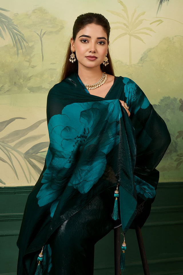 Green Printed Satin Silk Saree (ACA9997)