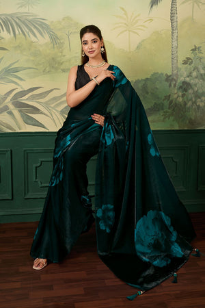 Green Printed Satin Silk Saree (ACA9997)