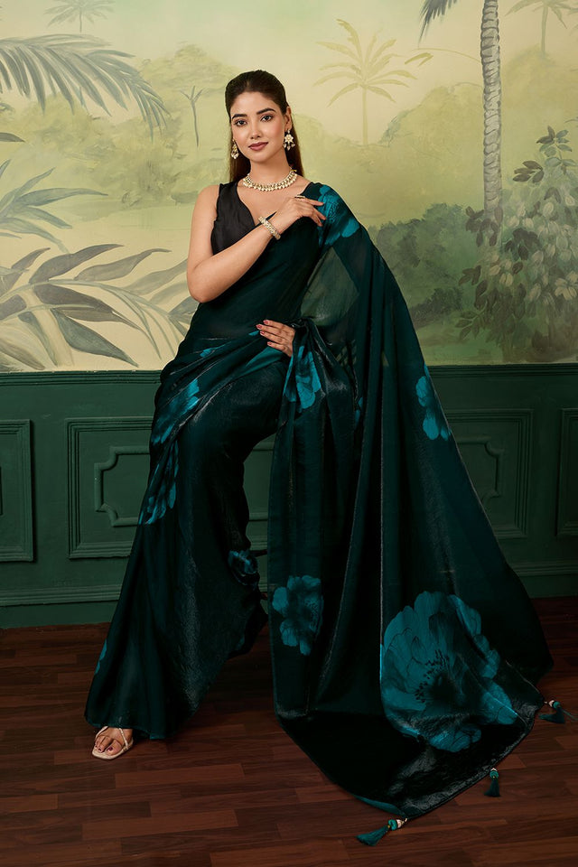 Green Printed Satin Silk Saree (ACA9997)