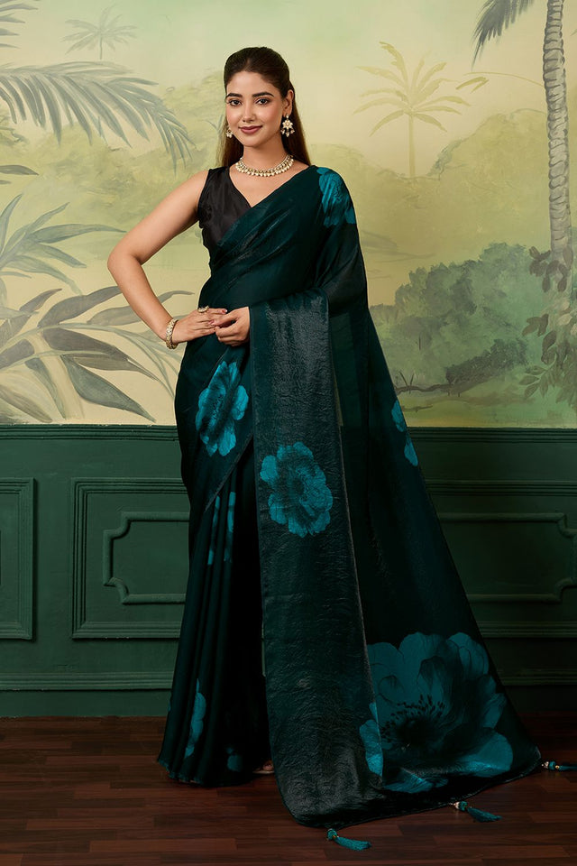 Green Printed Satin Silk Saree (ACA9997)
