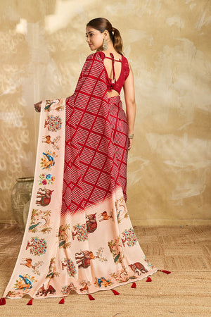 Maroon Printed Chinon Saree (ACA9998)