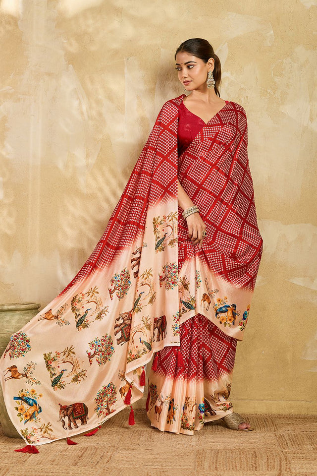 Maroon Printed Chinon Saree (ACA9998)