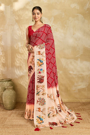 Maroon Printed Chinon Saree (ACA9998)