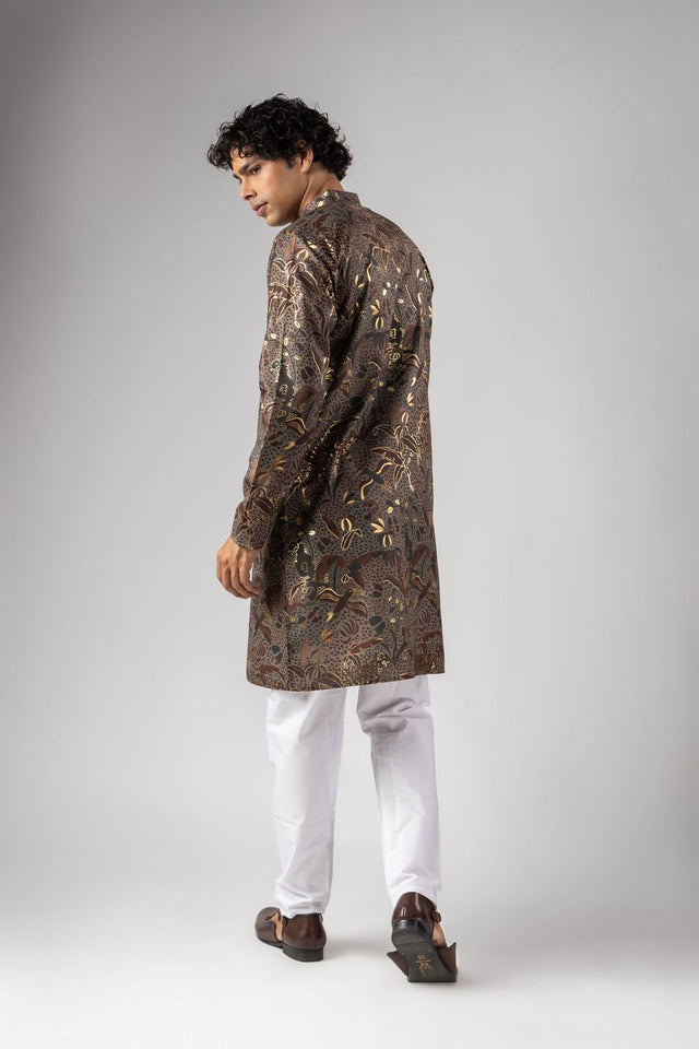 Mens Multi Color Foil Printed Silk Blend Kurta Set (ACB1001)