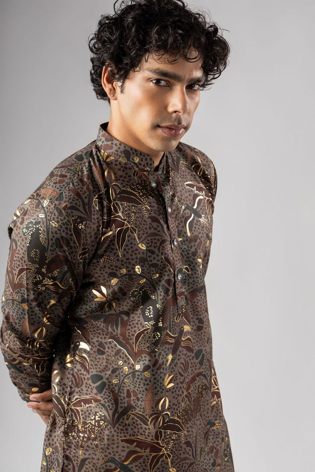 Mens Multi Color Foil Printed Silk Blend Kurta Set (ACB1001)