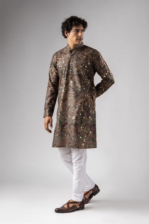 Mens Multi Color Foil Printed Silk Blend Kurta Set (ACB1001)