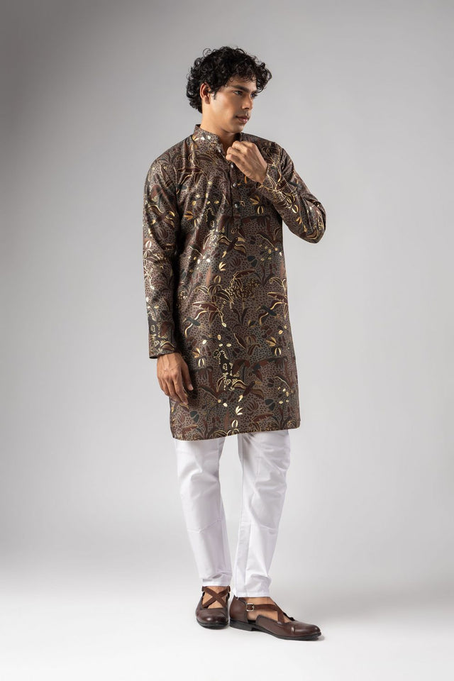 Mens Multi Color Foil Printed Silk Blend Kurta Set (ACB1001)