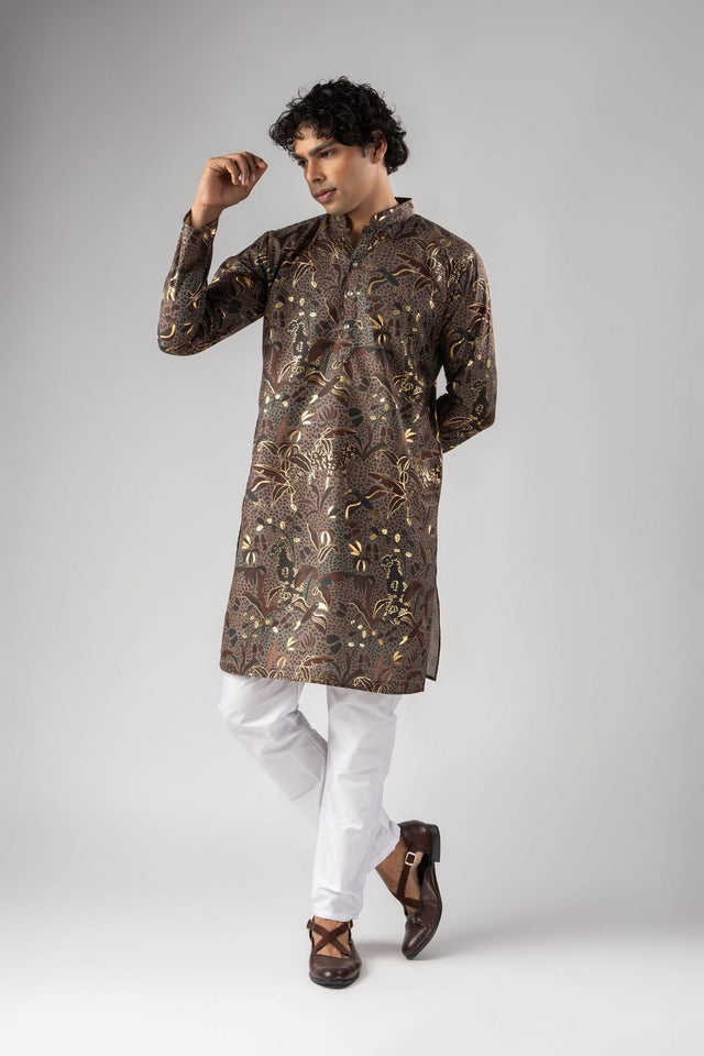 Mens Multi Color Foil Printed Silk Blend Kurta Set (ACB1001)