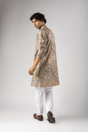 Mens Purple Foil Printed Silk Blend Kurta Set (ACB1002)