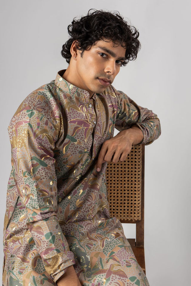 Mens Purple Foil Printed Silk Blend Kurta Set (ACB1002)