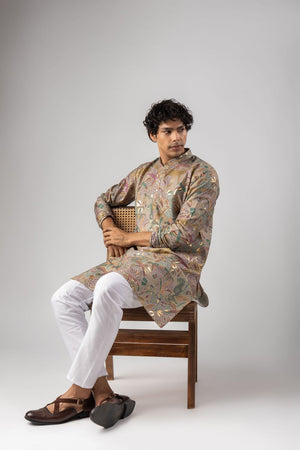 Mens Purple Foil Printed Silk Blend Kurta Set (ACB1002)