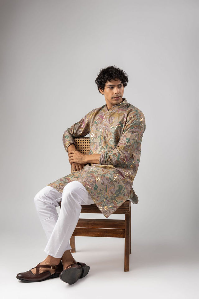 Mens Purple Foil Printed Silk Blend Kurta Set (ACB1002)