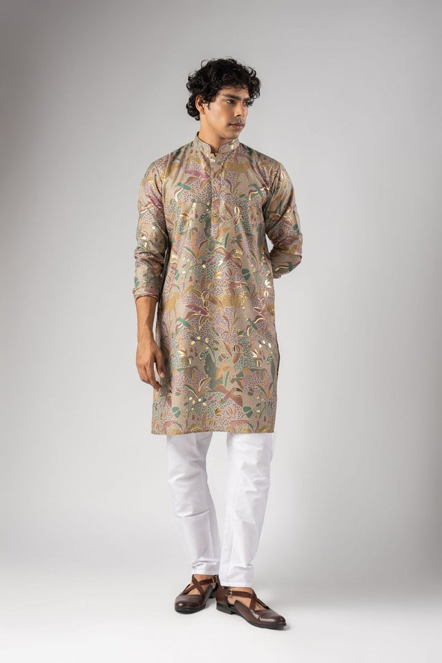 Mens Purple Foil Printed Silk Blend Kurta Set (ACB1002)