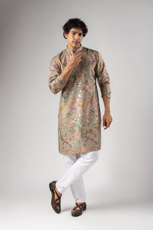 Mens Purple Foil Printed Silk Blend Kurta Set (ACB1002)