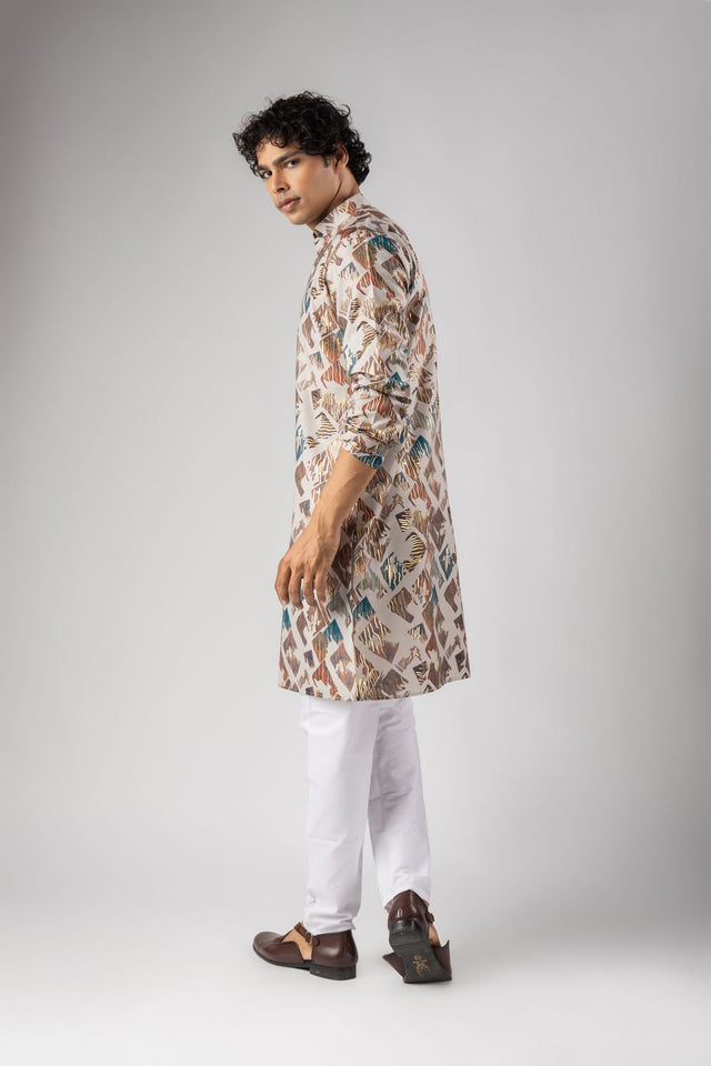Mens Cream Foil Printed Silk Blend Kurta Set (ACB1003)