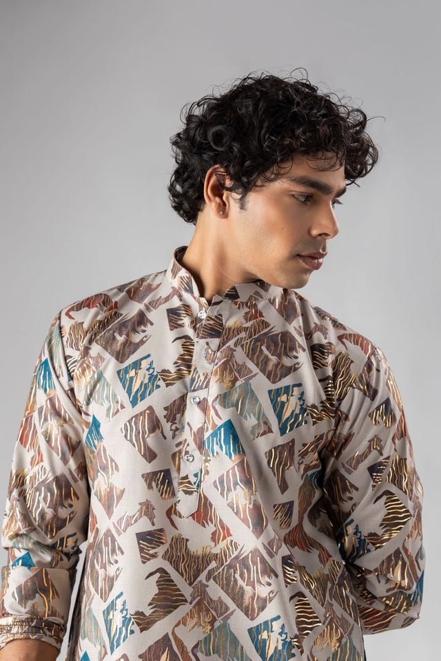 Mens Cream Foil Printed Silk Blend Kurta Set (ACB1003)