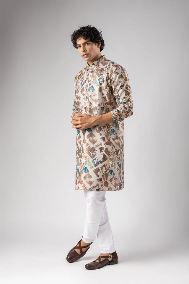 Mens Cream Foil Printed Silk Blend Kurta Set (ACB1003)