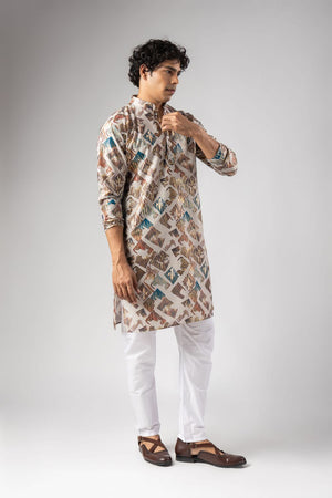 Mens Cream Foil Printed Silk Blend Kurta Set (ACB1003)