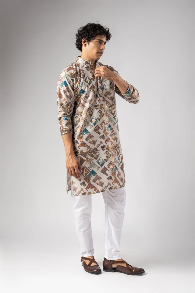 Mens Cream Foil Printed Silk Blend Kurta Set (ACB1003)