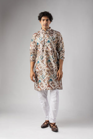 Mens Cream Foil Printed Silk Blend Kurta Set (ACB1003)