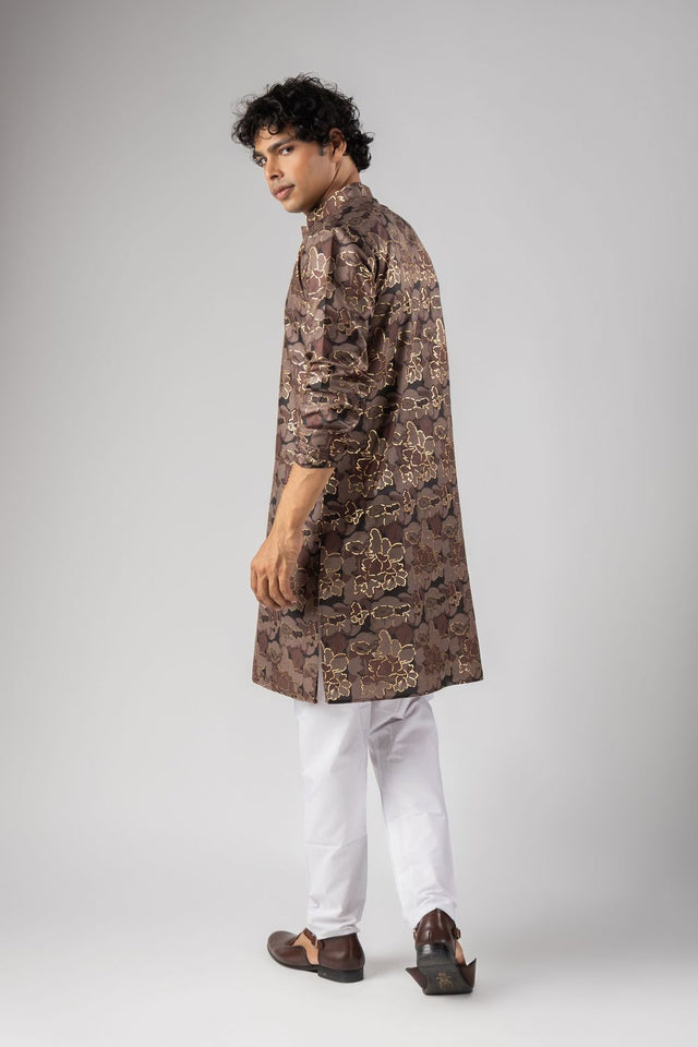 Mens Mauve Foil Printed Silk Blend Kurta Set (ACB1004)