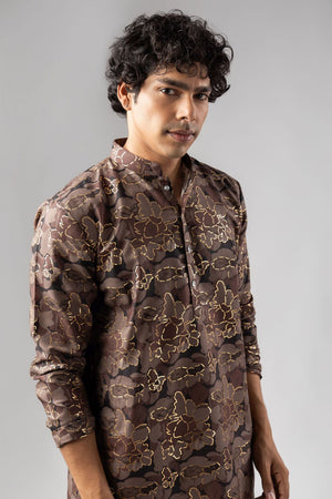Mens Mauve Foil Printed Silk Blend Kurta Set (ACB1004)