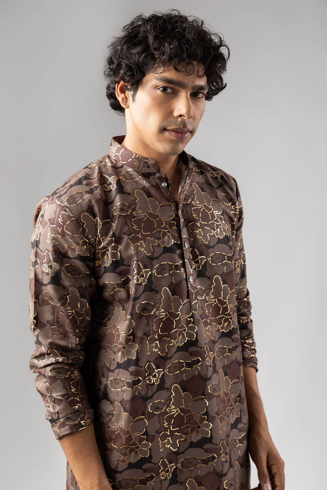 Mens Mauve Foil Printed Silk Blend Kurta Set (ACB1004)