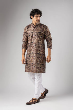 Mens Mauve Foil Printed Silk Blend Kurta Set (ACB1004)