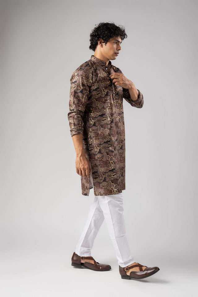 Mens Mauve Foil Printed Silk Blend Kurta Set (ACB1004)