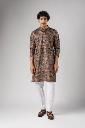 Mens Mauve Foil Printed Silk Blend Kurta Set (ACB1004)