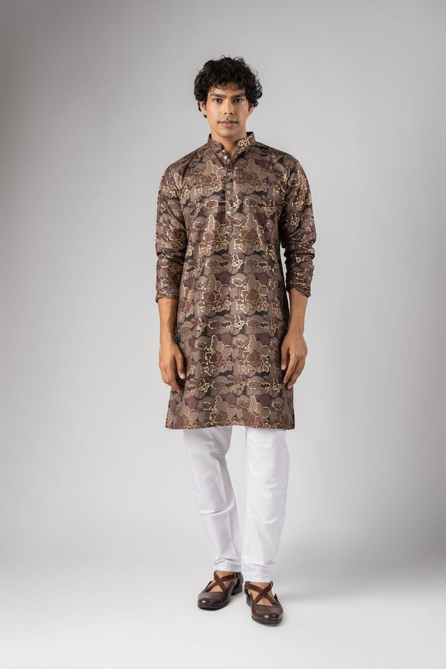 Mens Mauve Foil Printed Silk Blend Kurta Set (ACB1004)