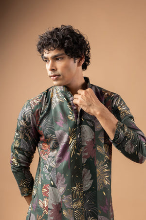Mens Grey Foil Printed Silk Blend Kurta Set (ACB1005)
