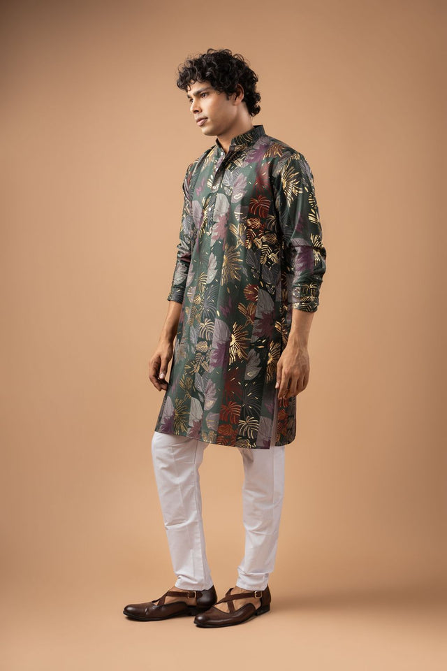 Mens Grey Foil Printed Silk Blend Kurta Set (ACB1005)