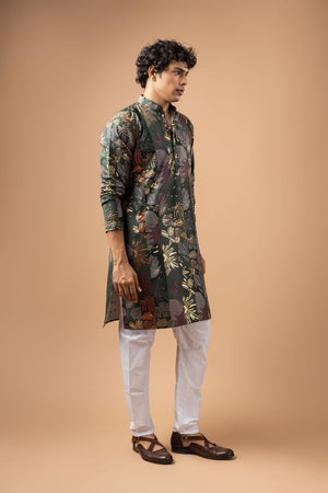Mens Grey Foil Printed Silk Blend Kurta Set (ACB1005)