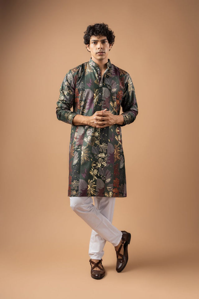 Mens Grey Foil Printed Silk Blend Kurta Set (ACB1005)