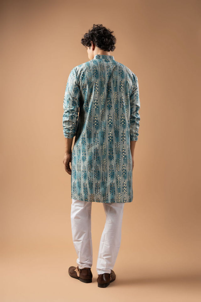 Mens Blue Foil Printed Silk Blend Kurta Set (ACB1006)