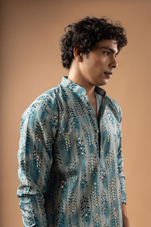 Mens Blue Foil Printed Silk Blend Kurta Set (ACB1006)