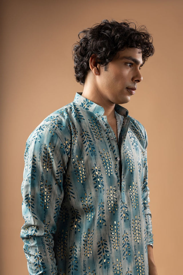 Mens Blue Foil Printed Silk Blend Kurta Set (ACB1006)